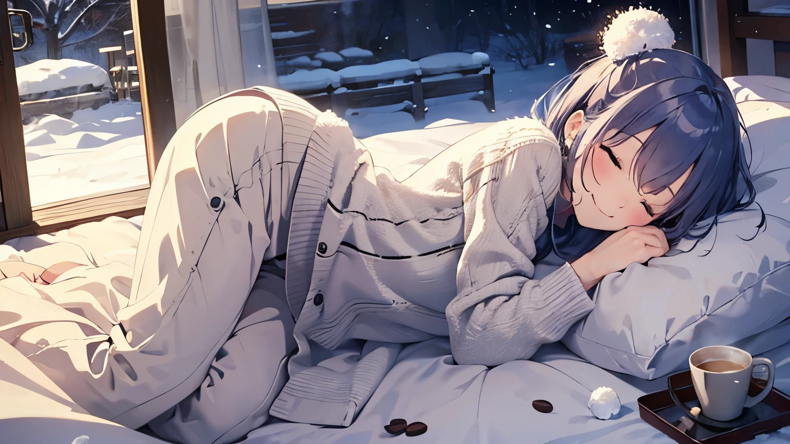 (Pretty Girl:1.3)、 smile,winterの雰囲気、Throwing snowballs、winter、Sleeping in bed、Before bedtime,Holding coffee in both hands