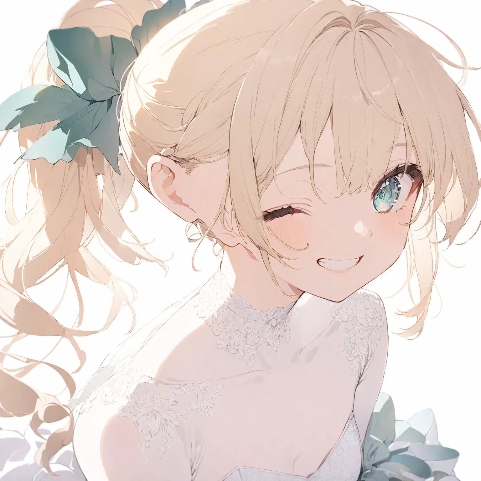 (masterpiece), (best quality), perfect face, beautiful girl, white background background, delicate and beautiful face and eyes, dark intense shadow, 
(1 girl), vtuber style, cool girl, hololive,Kazama Iroha, ponytail, Wedding dress, small chest, cropped shoulders, clavicle, one eye close winking, smile, body visible through clothes, chest visible through clothes, (full body), looking at viewer, standing,