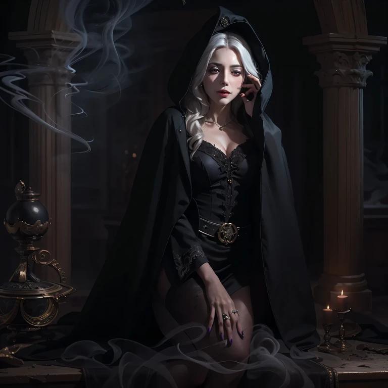 Create a spine-chilling Halloween masterpiece with an 8k resolution. The artwork should feature a witch with long, silverly-white hair down to her knees, adorned with red demonic tattoos on both arms. She's totally and completely naked, wearing no clothes bare body, (pink areola, deep-pink nipples, vaginal rundown), with a sadistic and creepy smile on her lips. Her eyes are large, pale, and red in color. The witch is on her knees, blood dripping from her hands as she is performing a satanic ritual by drawing demonic patterns with blood, piles of skulls and bones are at the corners of an extremely dark room with the back window open, candles are the only light source, a blood-red crescent moon visible, a broken castle on the left side, and a cemetery on the left side. The scene should be set in a dark, abandoned castle under the moonlight, with demonic patterns drawn with blood on the ground. The design should be dark, scary, and highly detailed, with sharp focus and a realistic look. Utilize Octane render with maximum clarity, sharpness, and hyper-realistic horror-movie style light and shadow (1.2) along with depth of field for added impact. Naked, ((NSFW)), vaginal rundown, pubic hair.
