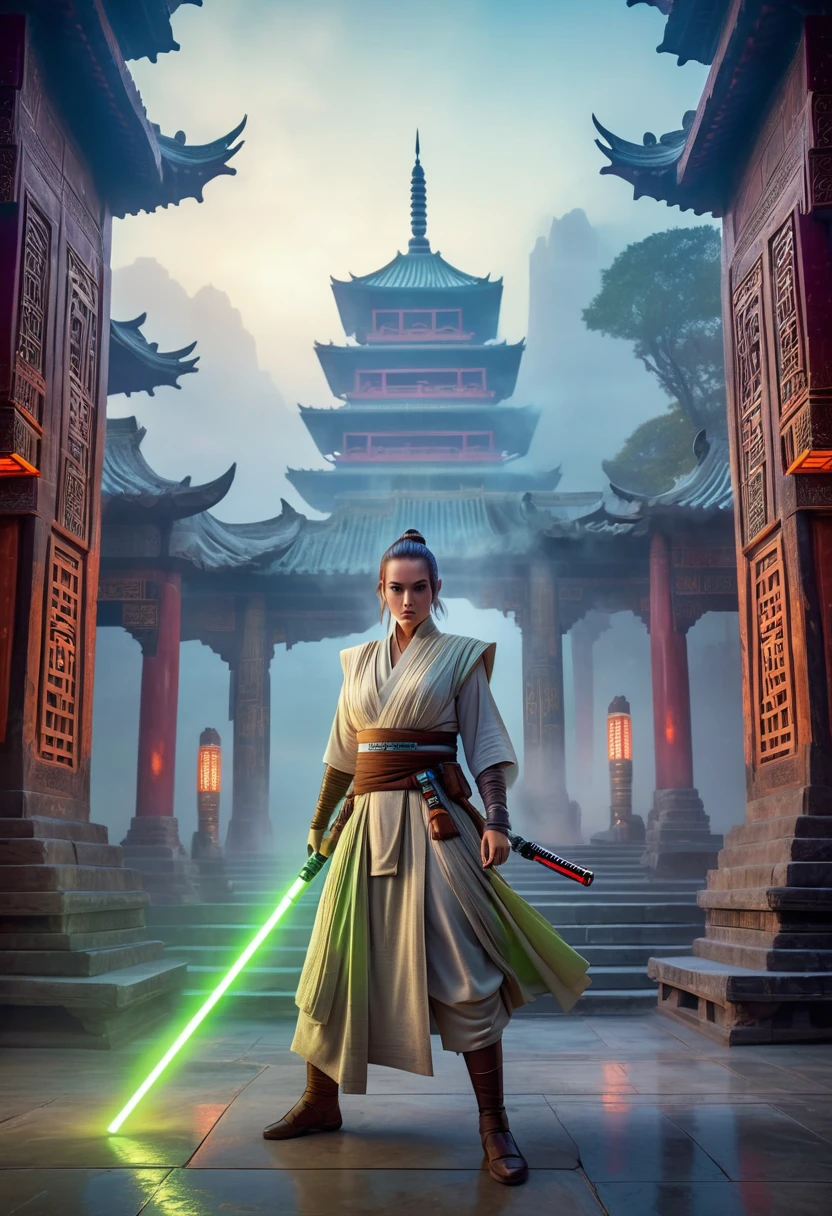 a Jedi knight in oriental setting, detailed portrait, intricate costume design, cinematic lighting, dramatic pose, glowing lightsaber, ancient temple background, mist and fog, vibrant colors, masterpiece, best quality, 8k