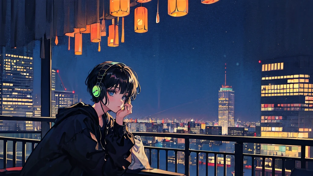 Black short Hair, Black Clothing, One Adult Woman Looking Sideways ,Blue headphones、 City of night, Delicate background、Masterpiece、Night Town、night、dark、Nostalgic、City