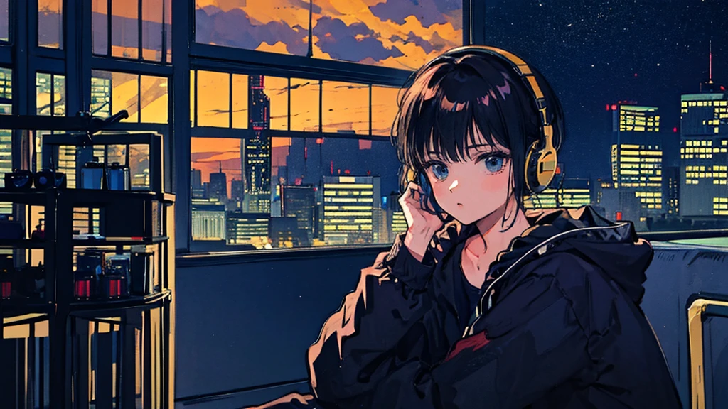 Black short Hair, Black Clothing, One Adult Woman Looking Sideways ,Blue headphones、 City of night, Delicate background、Masterpiece、Night Town、night、dark、Nostalgic、City