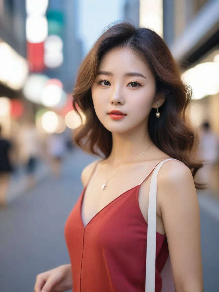 close-up of beautiful korean female, 34 inch breasts size, wearing red crop tank top, at the ferry pier, bokeh background, night, UHD