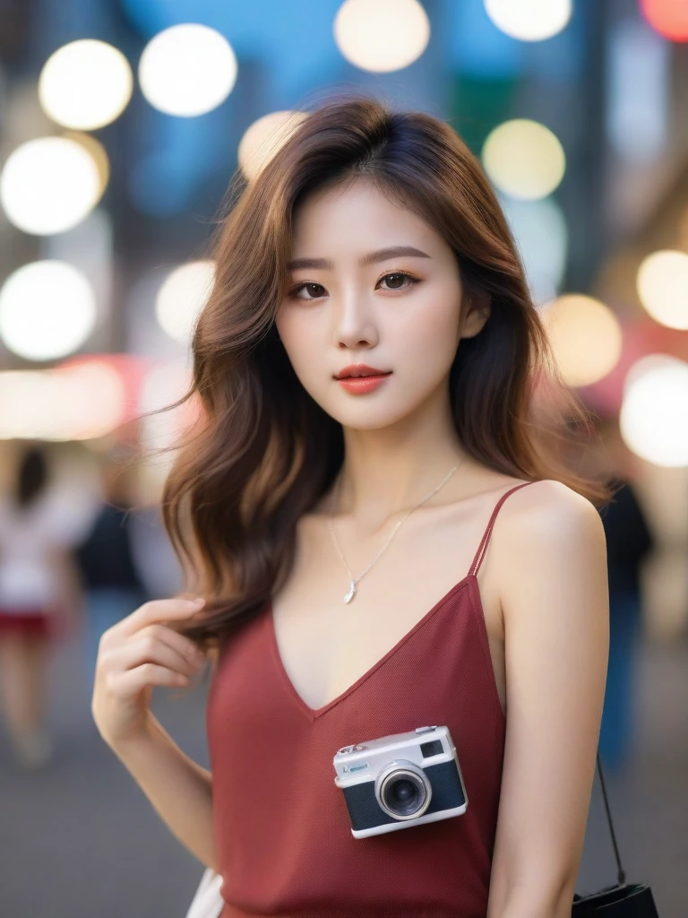 Close-up photo of a beautiful Korean woman, Bust size 34 inches, Wavy hair, Red hairpin, Wear a V-neck tank top., necklace, Walking in Tokyo, Showing shopping bags, bokeh background, Polaroid Photos, UHD