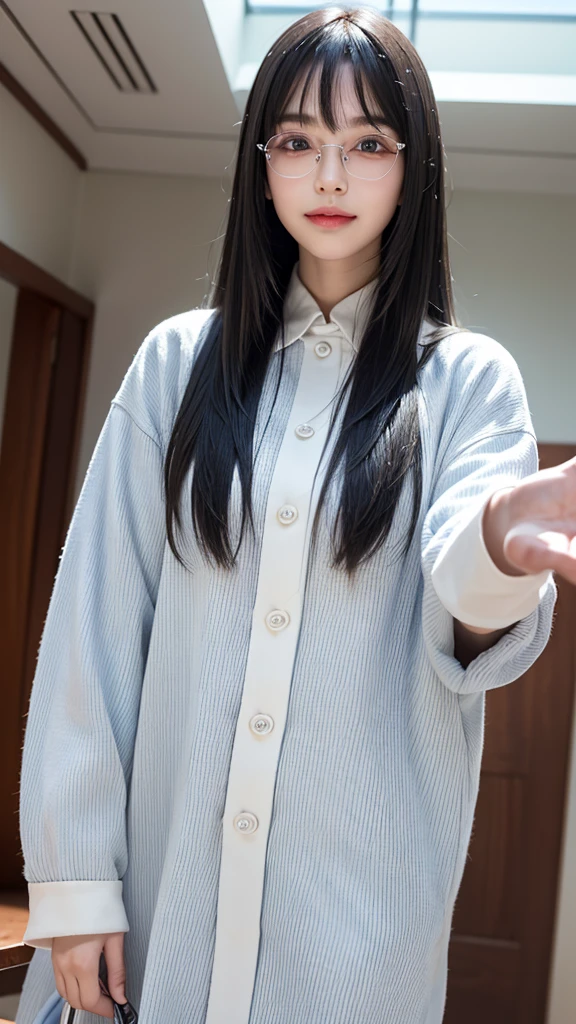 (8k, born, realistic: 1.25), ((striped white hairs)), (Thin lip gloss, thin eyebrows, eyelash, tear bag, sharp bangs, shiny face, shiny skin, highest quality, ultra high resolution, Depth of the bounds written, chromatic aberration, caustics, wide lighting, natural shading, K-POPアイドル) Glasses, Calm, Collect a strand of hair with your hand, long hair, smile, Small devil, inside the house