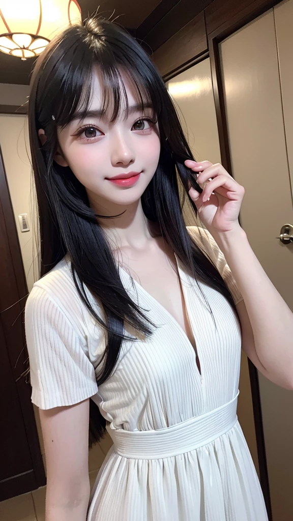 (8k, born, realistic: 1.25), ((striped white hairs)), (Thin lip gloss, thin eyebrows, eyelash, tear bag, sharp bangs, shiny face, shiny skin, highest quality, ultra high resolution, Depth of the bounds written, chromatic aberration, caustics, wide lighting, natural shading, K-POPアイドル) Glasses, Calm, Collect a strand of hair with your hand, long hair, smile, Small devil, inside the house