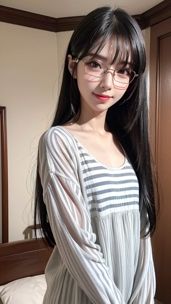 (8k, born, realistic: 1.25), ((striped white hairs)), (Thin lip gloss, thin eyebrows, eyelash, tear bag, sharp bangs, shiny face, shiny skin, highest quality, ultra high resolution, Depth of the bounds written, chromatic aberration, caustics, wide lighting, natural shading, K-POPアイドル) Glasses, Calm, Collect a strand of hair with your hand, long hair, smile, Small devil, inside the house
