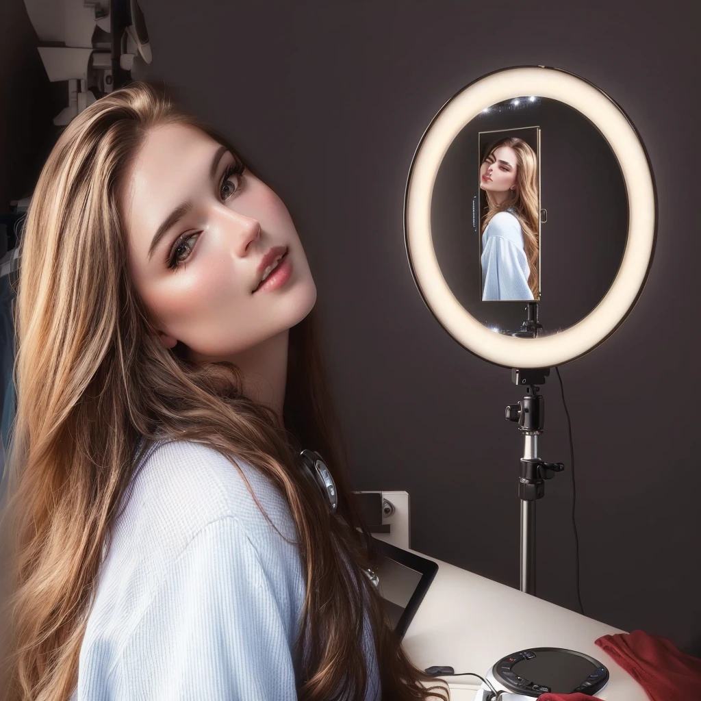 puffy woman with a camera and a mirror in front of her, ring of light, beautiful and smooth soft light, ring of lighting, ringflash lighting, with professional lighting, professional studio light, lighting it with an edge light, high-quality portrait, better lighting, fill light, product introduction photos, Studio-quality lighting, well lit professional photo, extremely good quality lighting