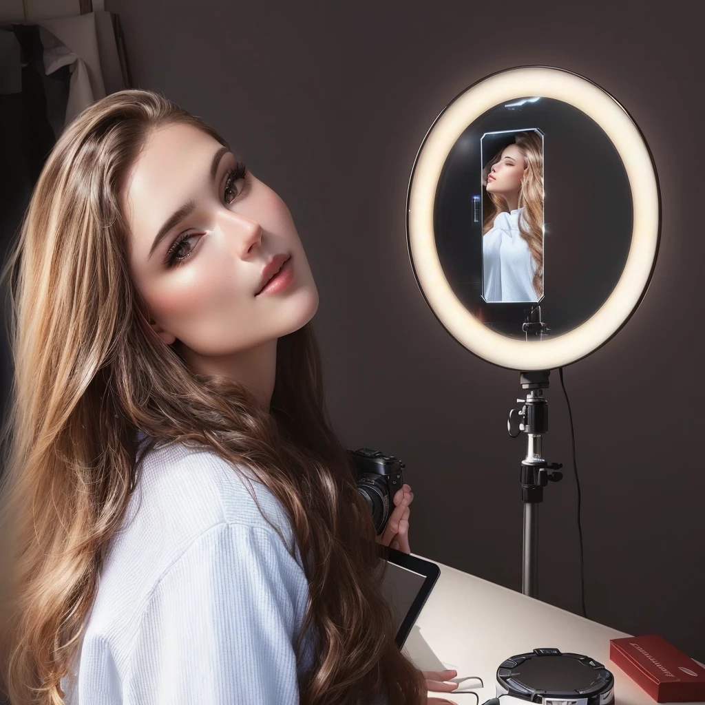puffy woman with a camera and a mirror in front of her, ring of light, beautiful and smooth soft light, ring of lighting, ringflash lighting, with professional lighting, professional studio light, lighting it with an edge light, high-quality portrait, better lighting, fill light, product introduction photos, Studio-quality lighting, well lit professional photo, extremely good quality lighting