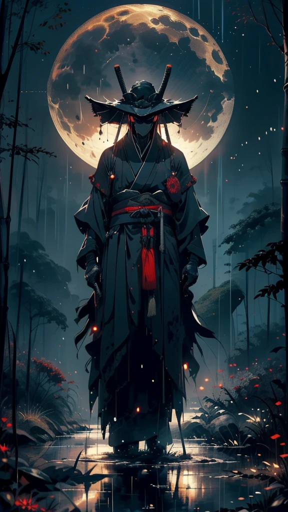 (Best Quality,ultra detailed),dark,wet,artificial raindrops falling,ancient japanese warrior standing in the rain,japanese traditional bamboo hat(fail),dense forest landscape,majestic and serene nature,full moon shining brightly in the night sky,black kimono with fluorescent red stripes that glow in the moonlight,samurai sword sharpened and drawn(katana),