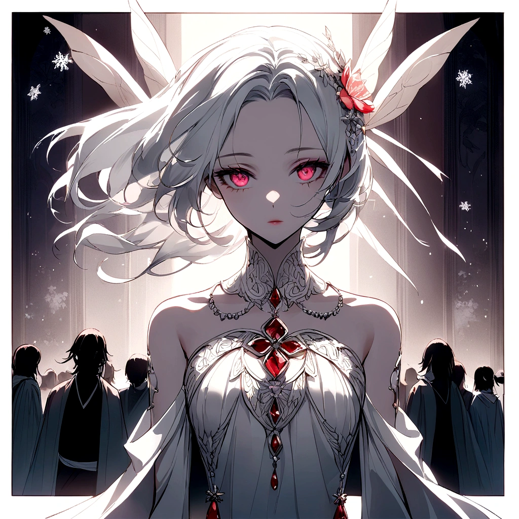 Ymir possesses an ethereal beauty, with her flowing white hair and captivating ruby eyes that sparkle like precious gemstones. Her frame exudes a delicate grace, reminiscent of a fairy from a timeless tale. Her porcelain skin, as smooth as a peach blossom, enhances her pure and innocent allure.
Even amidst a crowd, Ymir stands out like a rare gem, evoking the image of pristine snowflakes, captivating and enchanting. Her beauty transcends her physical appearance, radiating a gentle warmth and kindness that touches the hearts of those around her.