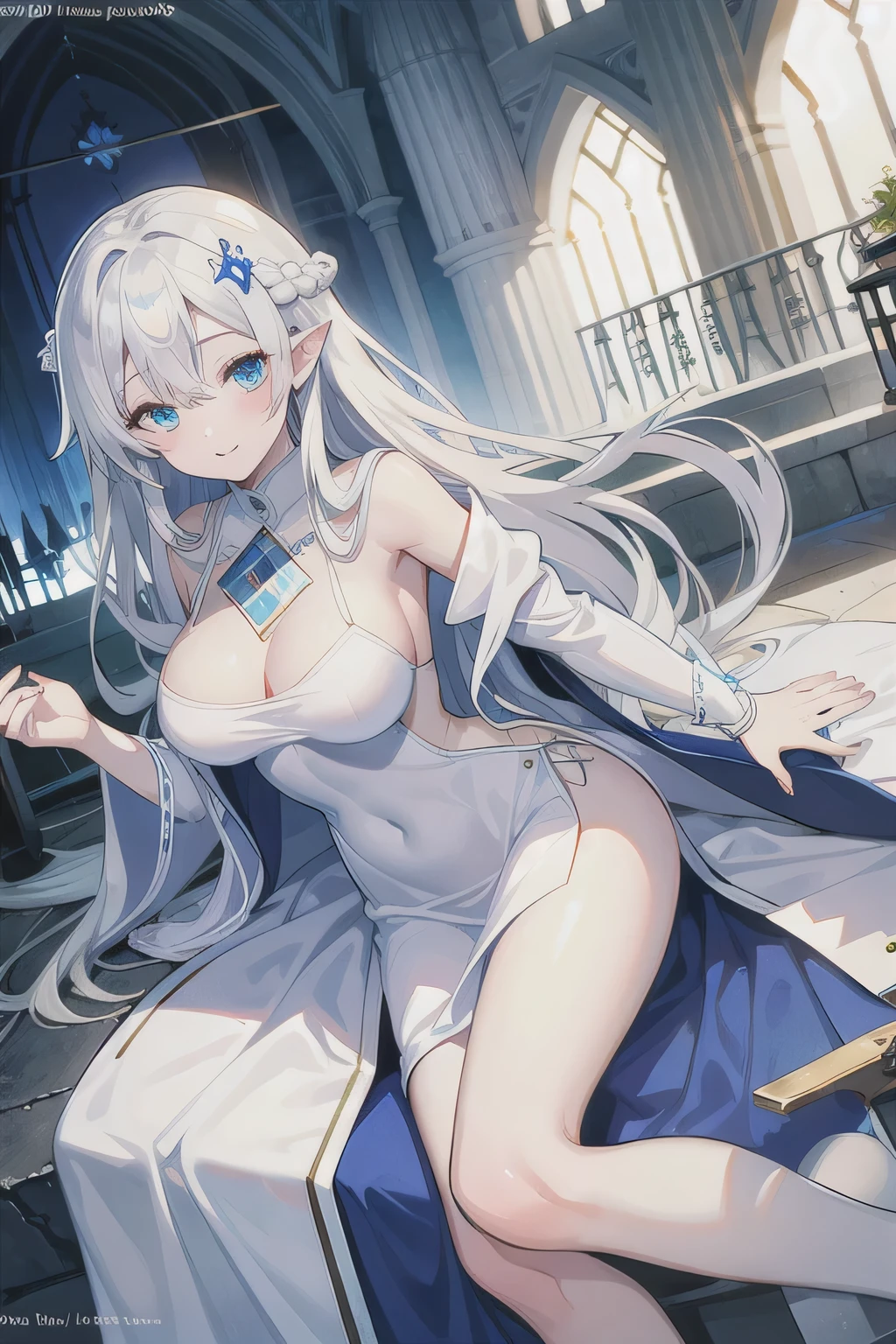 Non-NSFW、Realistic、Highest quality、Highest quality、masterpiece、Ultra-high resolution、RAW Photos、Realistic、Bright lighting、Face Light、Smooth Professional Lighting、Looking into the camera、alone、Adult female、Beautiful woman、Super Beauty、realistic skin、Moisturized Skin、Realistic eyes and faces、Perfect model body shape、Beautiful Eyes、Big eyes、Inconspicuous tear bags、slim、no good、Beautiful fingers、very long hair、Silver Hair、blue eyes、Looks happy、(Both ears are hidden by hair)、Fantasy World、Medieval Europe、saint、(((Holy Priestess)))、Inside the temple、(Saint's pure white costume:1.2), Small Ass, (Large Breasts:1.3),(venus' Nipples:1.2), A konigsreuter, (front open white Priest's robe:1.6),(from behind:1.6)