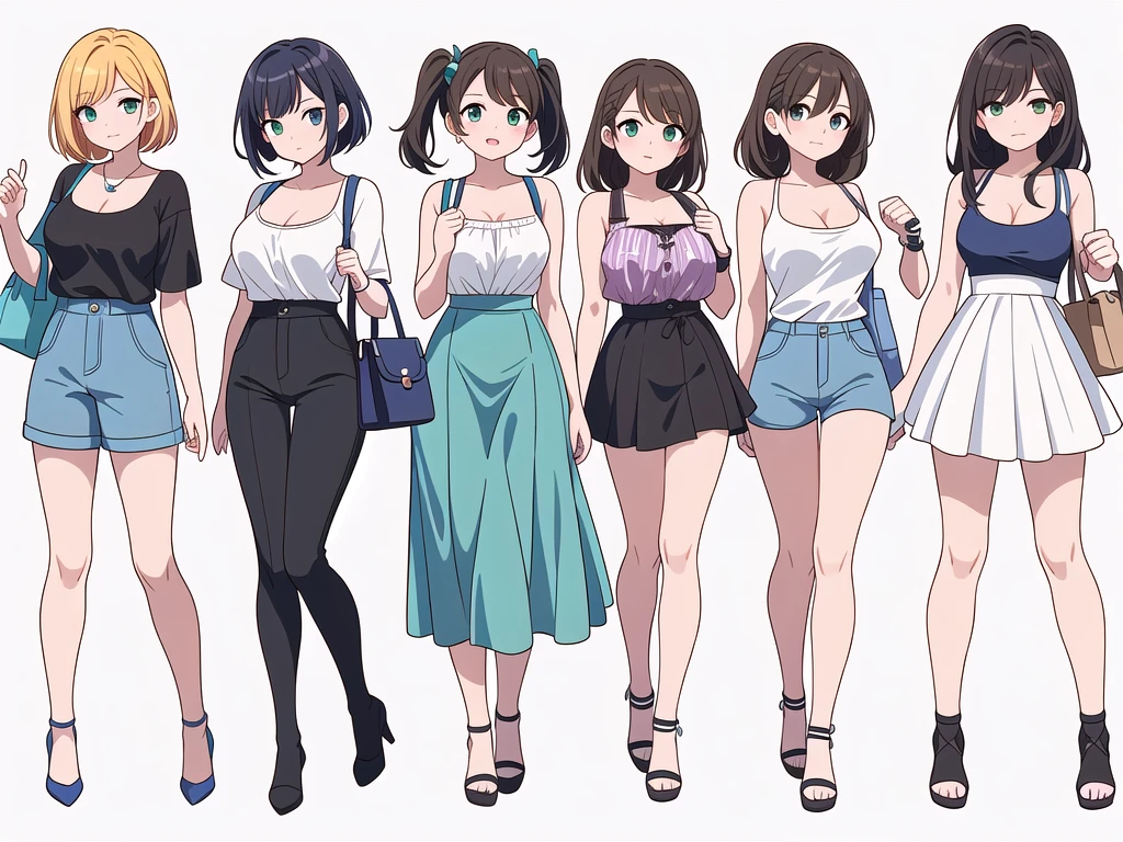 (((Best Quality))) , ((full body)), 4 lady, adult woman, multiple views, (((white background,))) variety of hairstyles, variety of fashion styles, seductive pose, fashionable and trendy atmosphere, holding bag, summer outfits, walk pose, dark blue/dark orange/dark green/dark violet/brown/white, short shorts, cleavage,
