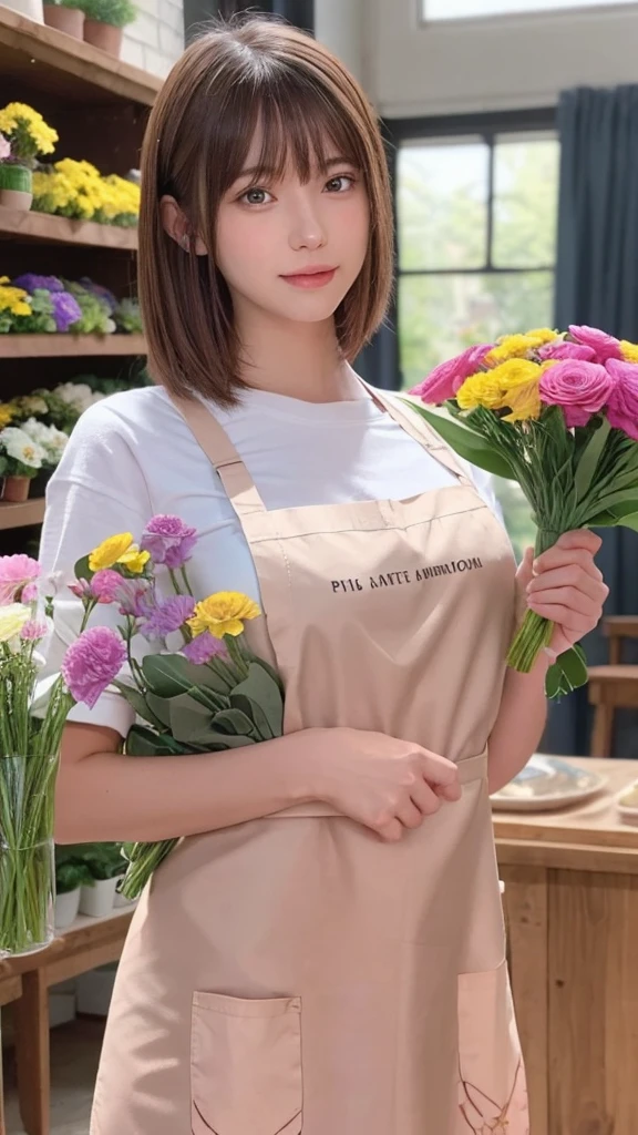 (Best Quality, Masterpiece), Women's Cooking Magazine Cover, 1girl, 20 years old, stunning, cute, warm smile, hourglass figure, floral dress, apron, food, text, chart, advertising, magazine title