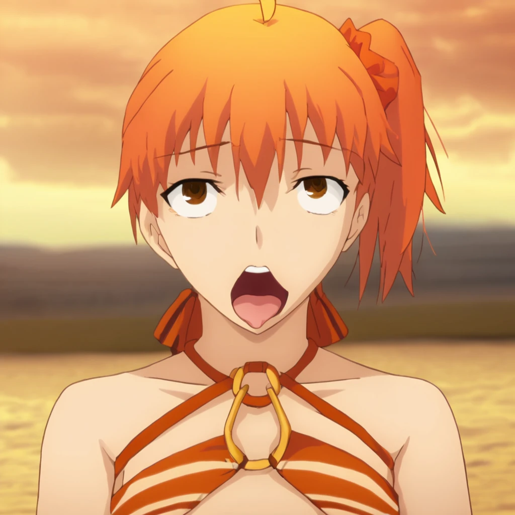 masterpiece, best quality, nsfw,ahegao, gudako, solo, (halterneck,striped bikini,orange bikini,o-ring), (o-ring bikini) ,beach,fsn_ubw_style,(masterpiece, best quality:1.2),illustration,8k,hd,1girl,solo,upper body,(portrait:1.2), hair ornament, hair between eyes, brown eyes, ahoge, orange hair, side ponytail, one side up, hair scrunchie,