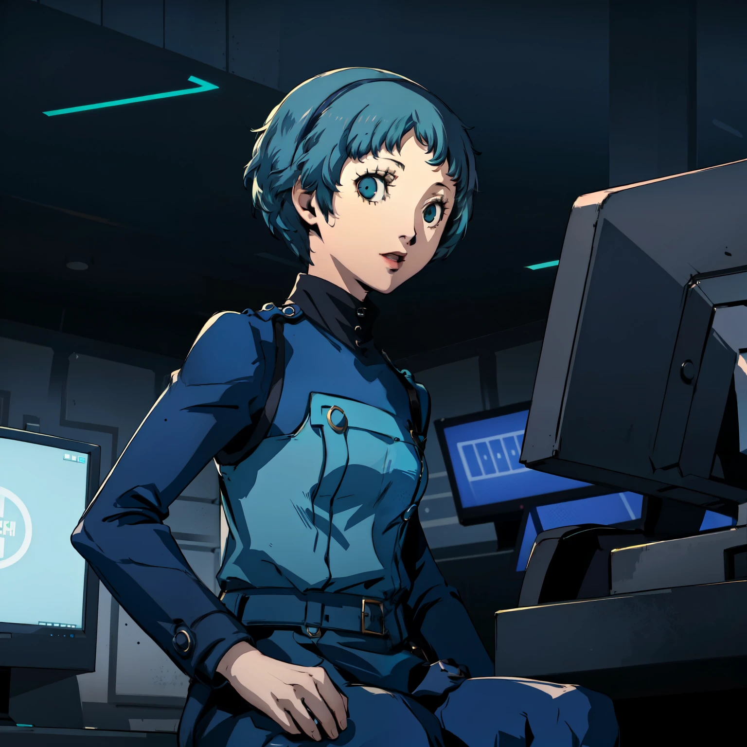 ((P3 Yamagishi Fuuka)),masterpiece, ((best quality)),((1 girl)), blue eyes, light aqua hair, female , tomboy Pixie haircut, deep blue suit,happy,hacker,in the,dark room,sitting,looking monitor,long skirt,cute
