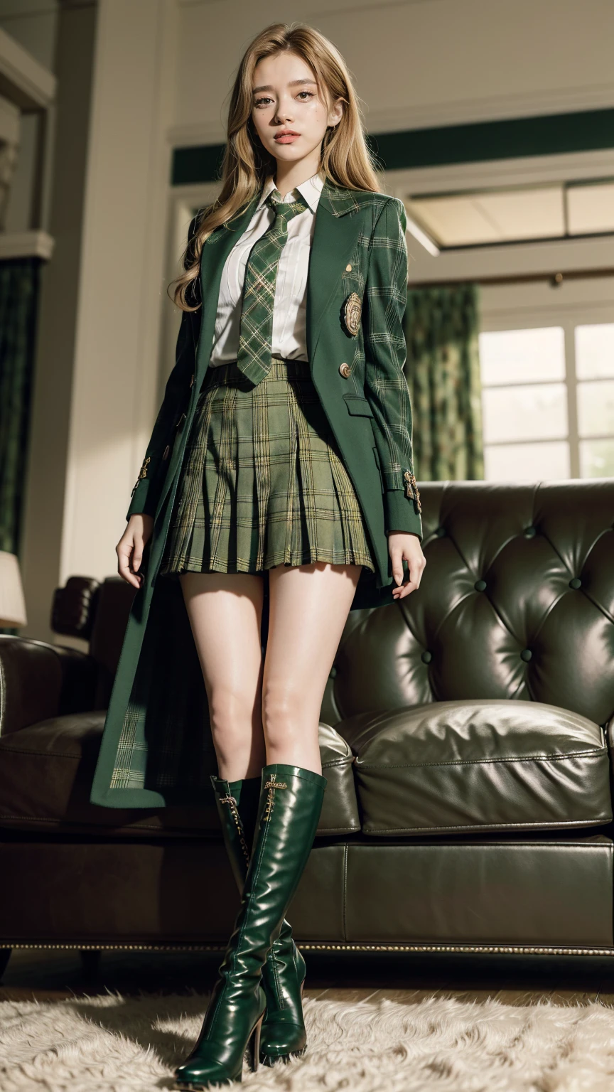 UHD,8K,girlvn01, 1girl,school,Big Eyes,Stunningly Beautiful Girl,green suit,Epaulette, pleated plaid green skirt,plaid red necktie, Long shaped face,Sandy Blonde side-swept hair,standing ,black stocking ,sofa,student boots high heels,full body,