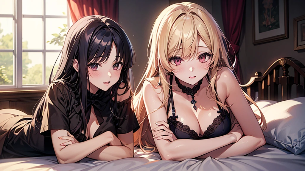 Anime image of two girls lying in bed with a window in the background, Anime drawing by Kamaguruka, Pixiv, Gothic art, Two beautiful anime girls, everyone, from Girls&#39; Frontline, trending on artstation Pixiv, Fine details. Girls&#39; Frontline, guweiz on Pixiv artstation, guweiz on artstation Pixiv、((different colored dresses、(High heels)))、(smile）、(Close-up photo of the upper body）、High angle、Look Up、Photo with white border、lie down、looking at the camera