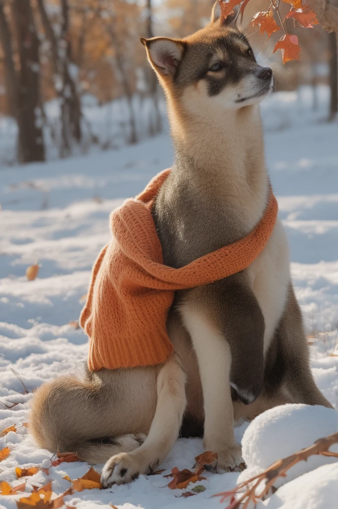 a Shiba Inu dog, adorned with a warm, orange scarf, sitting amidst a snowy environment. The dog appears to be enjoying the snowfall, with its eyes closed and a content expression on its face. Surrounding the dog are various objects, including a pot with a lid, some wooden utensils, and scattered autumn leaves. The overall ambiance of the image is serene and cozy, capturing the essence of a peaceful autumn day.
