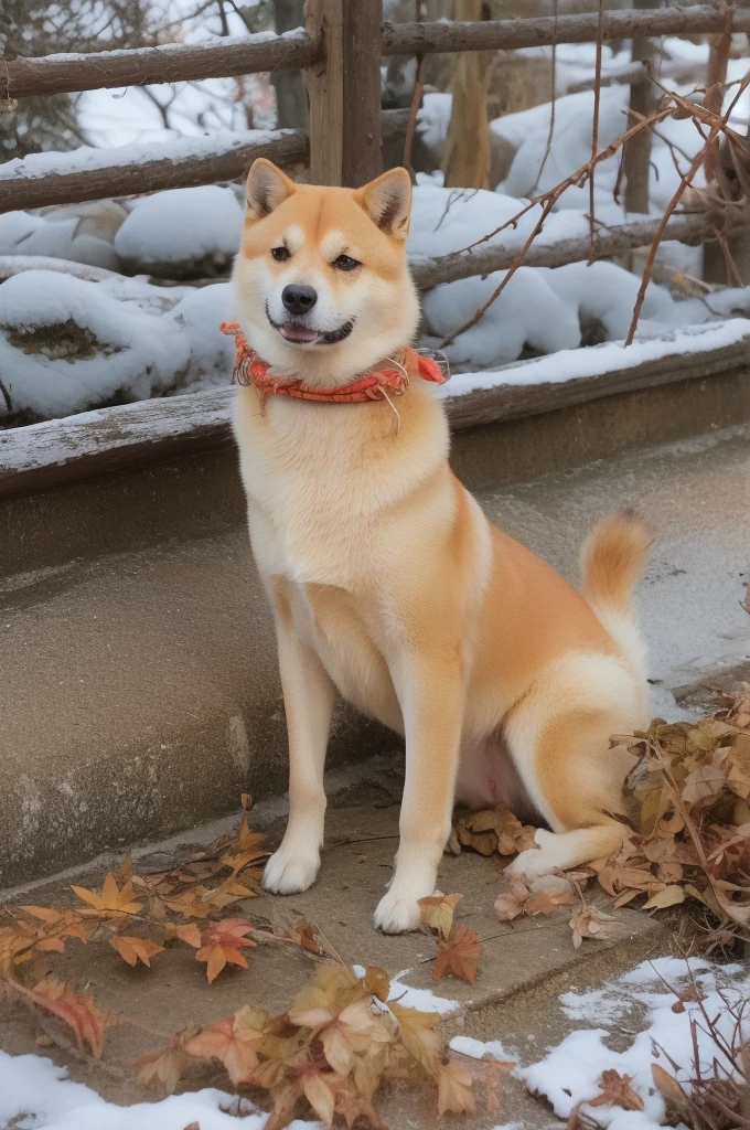 a Shiba Inu dog, adorned with a warm, orange scarf, sitting amidst a snowy environment. The dog appears to be enjoying the snowfall, with its eyes closed and a content expression on its face. Surrounding the dog are various objects, including a pot with a lid, some wooden utensils, and scattered autumn leaves. The overall ambiance of the image is serene and cozy, capturing the essence of a peaceful autumn day.