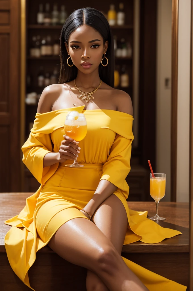 Drink label with, Elegant black woman, Estilo Retrato, holding glass of drink, soft yellow and red clothes, background with fruits