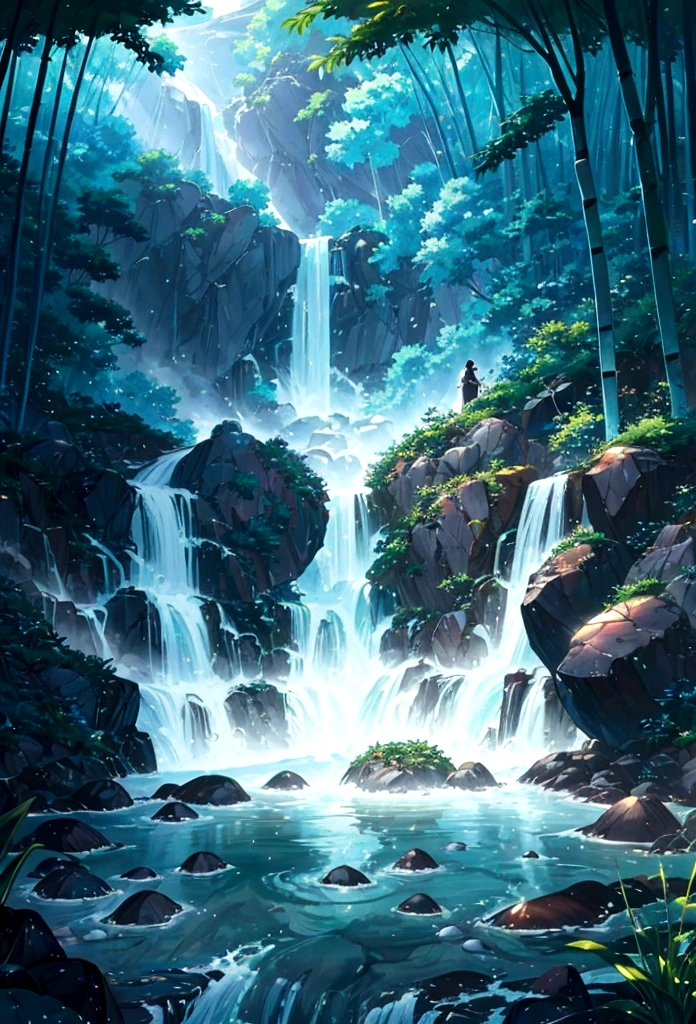 Crystalline water cascades over sun-drenched rocks, the heart of the mountain stream a rush of whitewater. Near the bank, where the flow softens and pools invitingly, rests a weathered bamboo basket, almost overflowing with the bounty of summer. Three plump, red tomatoes glisten alongside four vibrant green cucumbers, their smooth skins still damp from the cool water. Resting on top, four long, deep purple eggplants, their sleek surfaces beaded with droplets, complete the vibrant tableau. Sunlight dances on the water, creating a mesmerizing interplay of light and shadow that illuminates the scene. The air hums with the sound of the rushing water and the promise of a delicious meal to come. beautiful anime scenery, landscape painting, beautiful digital painting, andreas rocha, illustration of beautiful artwork, amazing wallpaper, raymond swanland, tall beautiful painting, studio ghibli makoto shinkai, beautiful wallpaper, anime scenery refreshing, nostalgic, summer, japan, nature, no humans simple, minimalist, fast-flowing stream, calm edge, submerged basket, 3 tomatoes, 4 cucumbers, 4 eggplants