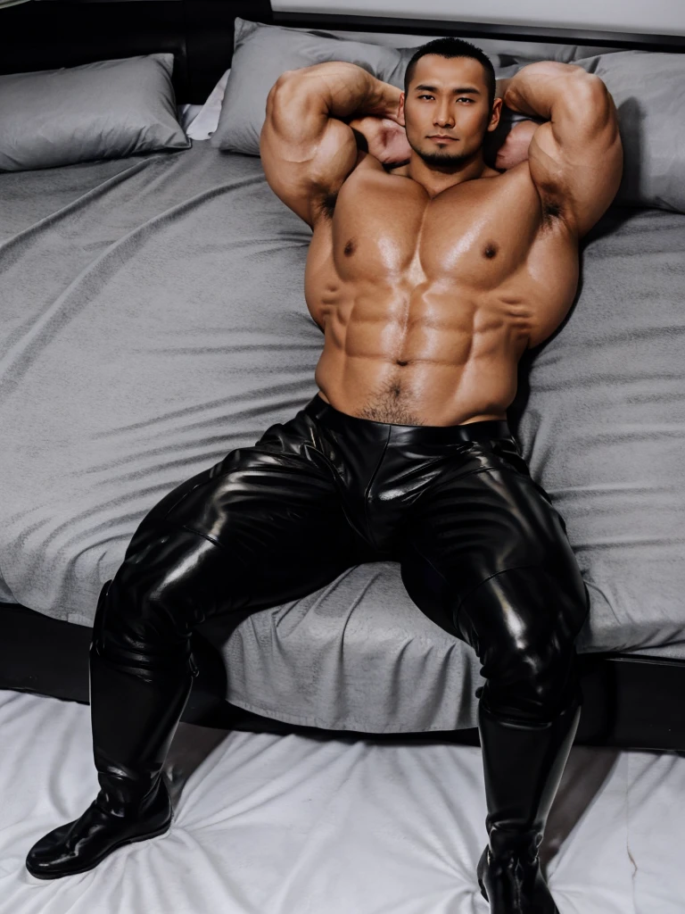 There is only one handsome Asian actor in the picture,35 years old,Tall and handsome, Toned body,short hair, O-Shaped Beard,Perfect body, Dark skin,Glowing skin,Smooth skin,The body is hairless,Muscle bulge, Muscular, Very large pectoral muscles,Very sexy abdominal muscles,Very well-developed leg muscles,Huge concave and convex area,Brightens oily skin,Wearing black leather shiny thong,Handsome face, Correct and accurate male body proportions, Wear black leather short socks,Lying on grey sheets。