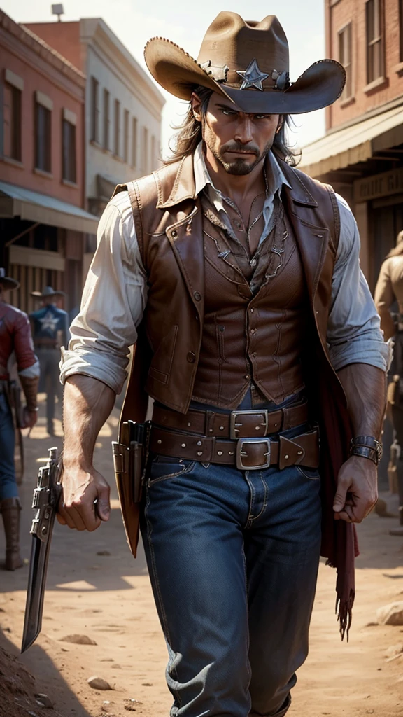 Marvel Caption America in Wild West style, wearing Cowboys lather clothes, holding a shield, Cowboys hat and bring a pistol, in cowboy city, cinematic, extreem realistic, extreem detailed, extreem Sharp, super high resolution image, best quality photo,