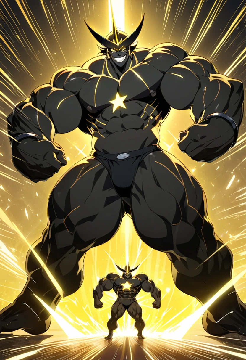 Star with hands and feet, star with faces, macho, muscles, anthropomorphism, macho with a star-shaped face, concentration lines, yellow light, shine, smile,