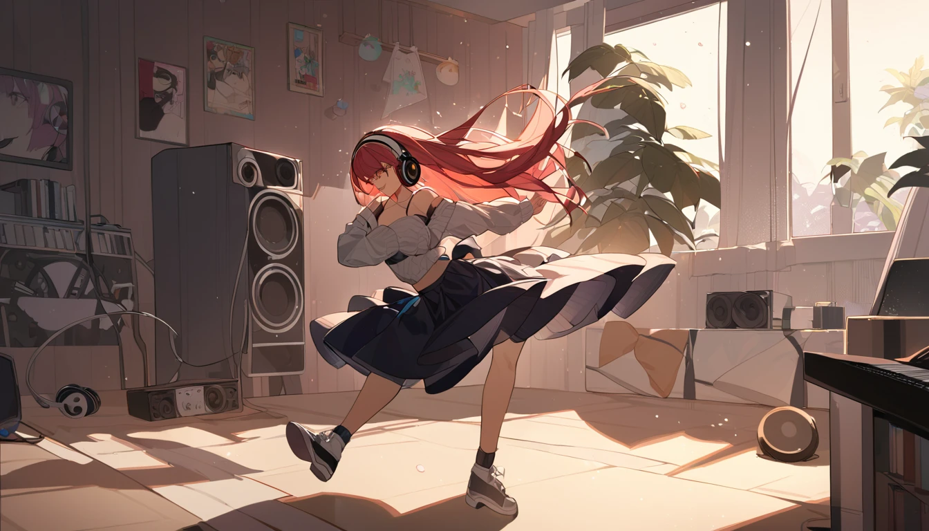 A girl dancing solo with headphones on in her room - "Solo jam session",chat ear、Dancing Girl
