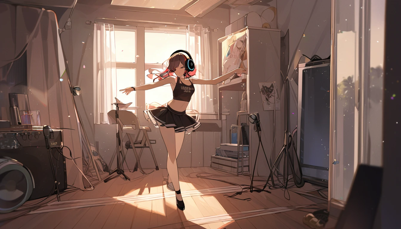 A girl dancing solo with headphones on in her room - "Solo jam session",chat ear、Dancing Girl