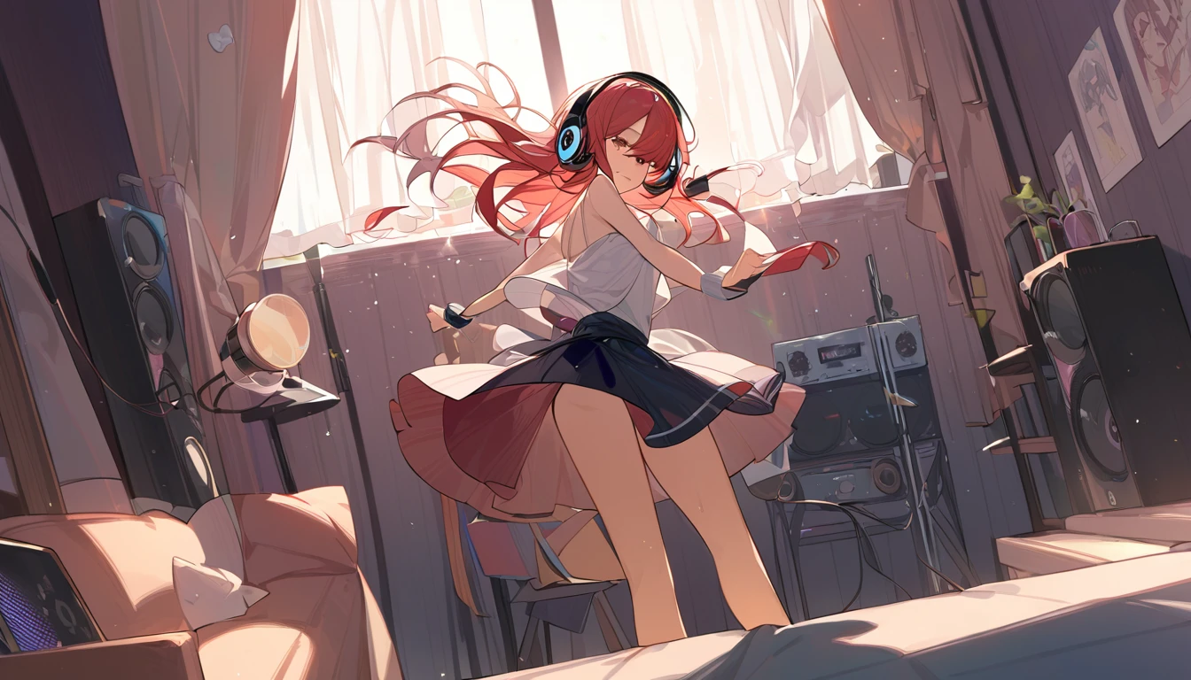 A girl dancing solo with headphones on in her room - "Solo jam session",chat ear、Dancing Girl