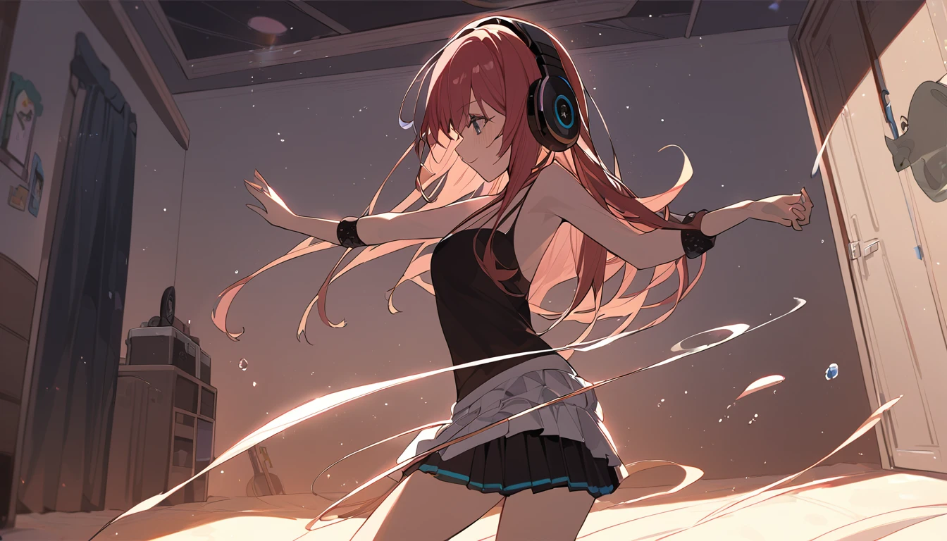 A girl dancing solo with headphones on in her room - "Solo jam session",chat ear、Dancing Girl