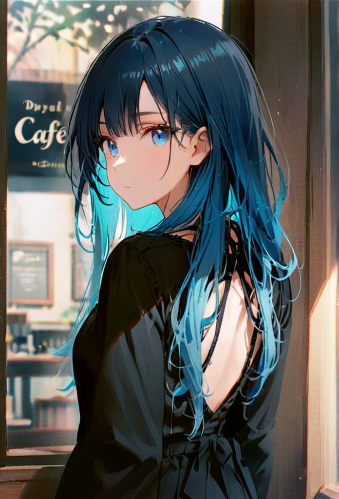 Half body portrait of a young woman  , blue long hair, blue eyes, wears all black . Stand and look back. Look back. Half-body image. Look back. cafe window background ,detailed
