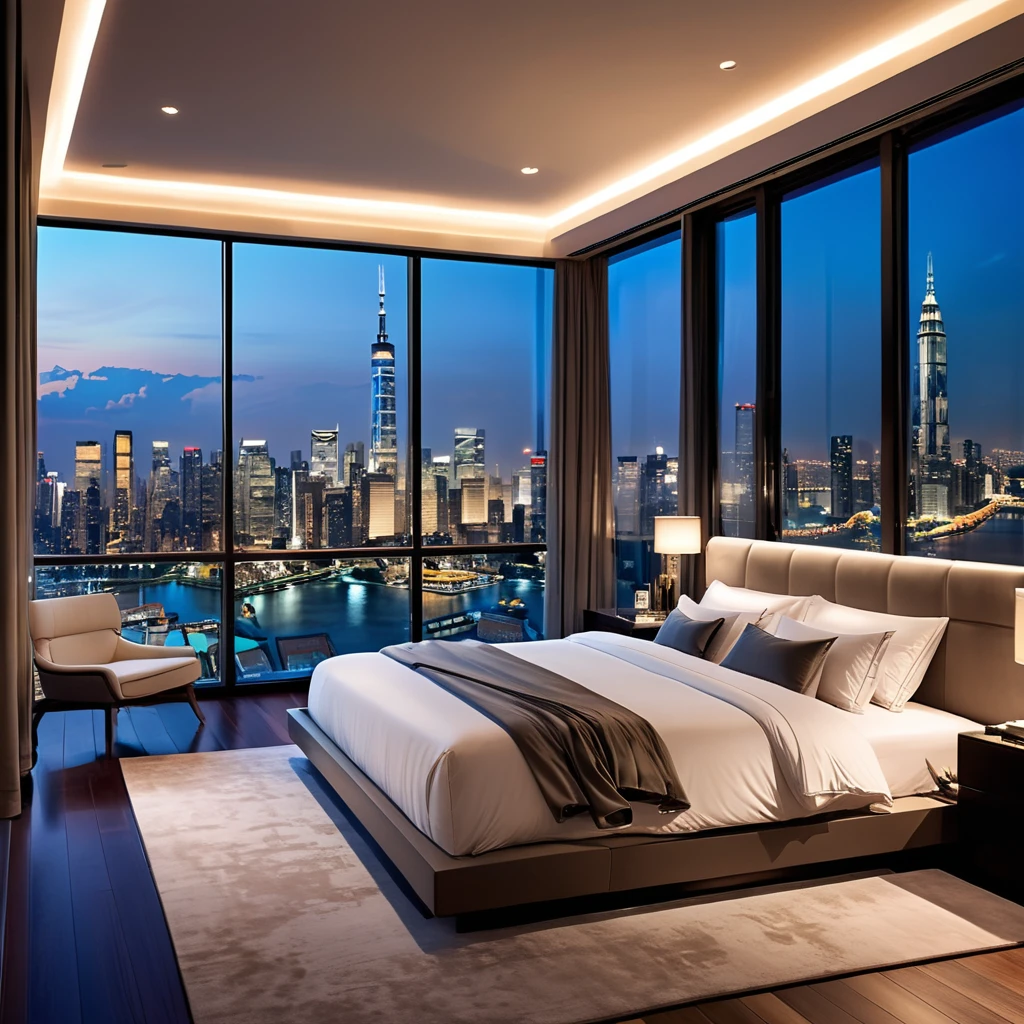 A luxurious bedroom with expansive windows providing a stunning cityscape view at dusk. The room features a plush bed adorned with soft pillows and blankets, positioned to face the floor-to-ceiling windows showcasing the illuminated buildings and the evening sky. The interior is modern and minimalistic, offering a serene and comfortable atmosphere perfect for unwinding while enjoying the breathtaking city lights