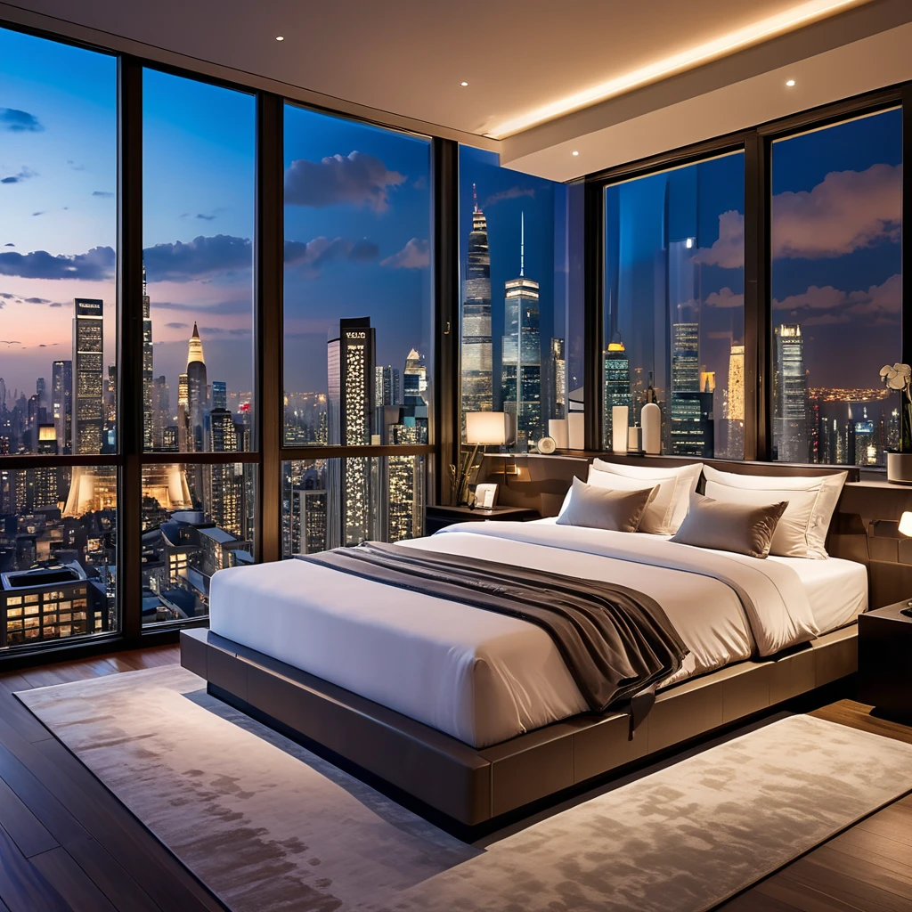 A luxurious bedroom with expansive windows providing a stunning cityscape view at dusk. The room features a plush bed adorned with soft pillows and blankets, positioned to face the floor-to-ceiling windows showcasing the illuminated buildings and the evening sky. The interior is modern and minimalistic, offering a serene and comfortable atmosphere perfect for unwinding while enjoying the breathtaking city lights