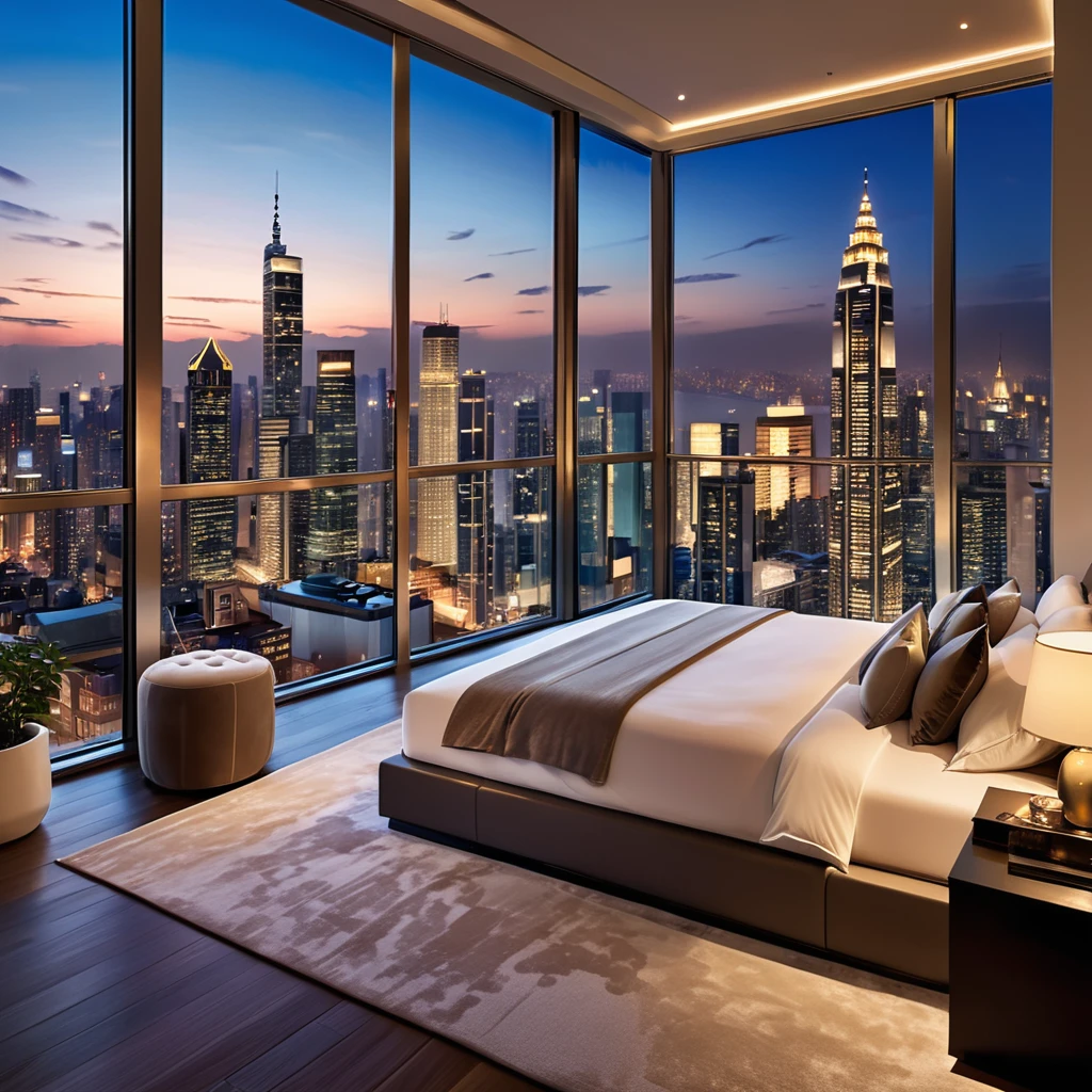 A luxurious bedroom with expansive windows providing a stunning cityscape view at dusk. The room features a plush bed adorned with soft pillows and blankets, positioned to face the floor-to-ceiling windows showcasing the illuminated buildings and the evening sky. The interior is modern and minimalistic, offering a serene and comfortable atmosphere perfect for unwinding while enjoying the breathtaking city lights