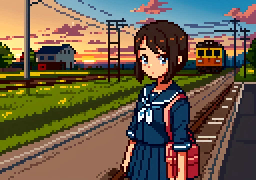 Create 3D Pixar-style cartoon scenes, summer,Rural railroad crossing,Wearing a sailor uniform,I have a bag,The girl in front of me,Watching a train pass by,Waiting for the crossing to open.Standing at the back of the railroad crossing,Standing facing forward and waiting,Sunset,