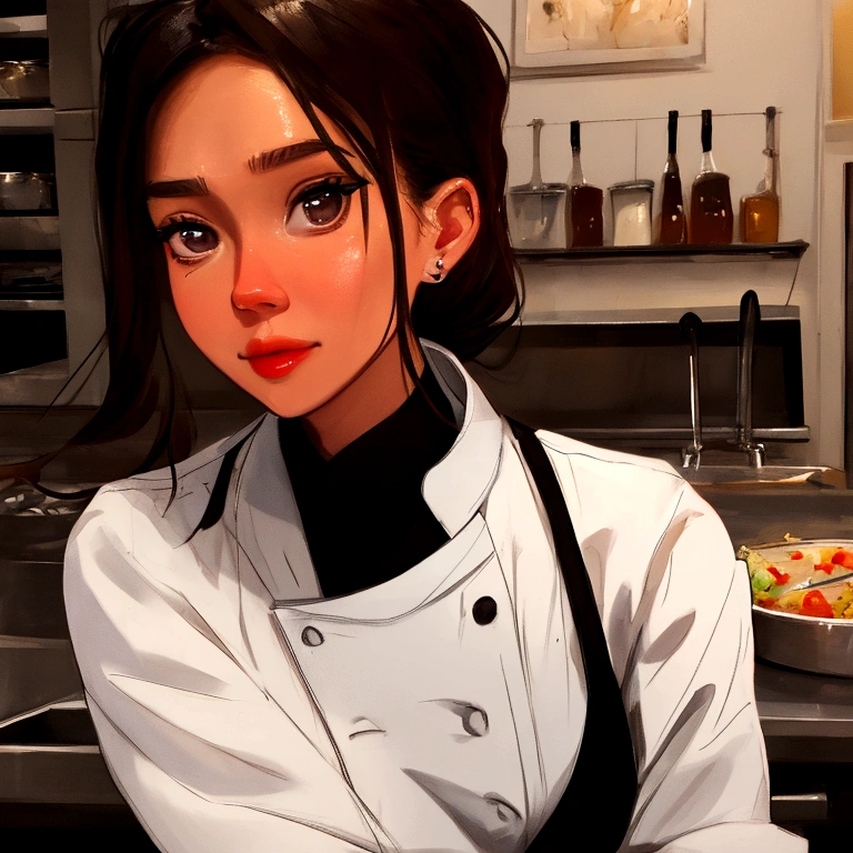 Restauranteur, Female based in jessica alba, she is a cook from a restaurant, she wears black chef uniform, portrait, close-up