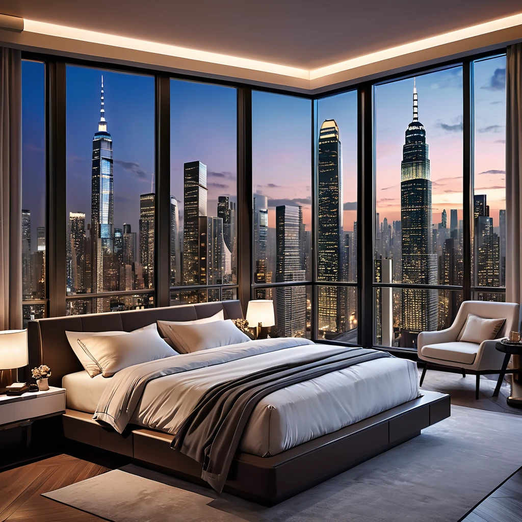 A modern and elegant bedroom designed to capture the beauty of the city at twilight. The space includes large windows that frame the spectacular view of skyscrapers and city lights. A cozy bed with luxurious linens and an array of soft pillows is oriented towards the windows. The room's sleek, minimalist design creates a tranquil environment ideal for relaxation and enjoying the urban nightscape.