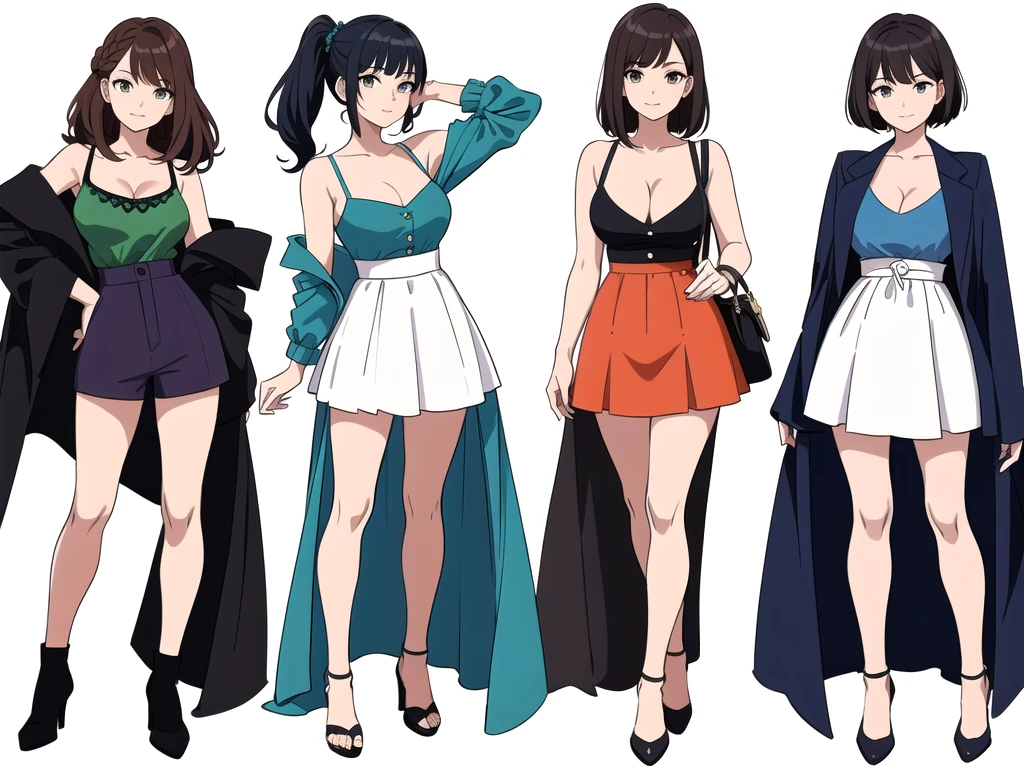 (((Best Quality))) , ((full body)), 4 lady, adult woman, multiple views, (((white background,))) variety of hairstyles, variety of fashion styles, seductive pose, fashionable and trendy atmosphere, holding bag, summer outfits, walk pose, dark blue/dark orange/dark green/dark violet/brown/white, short shorts, cleavage,