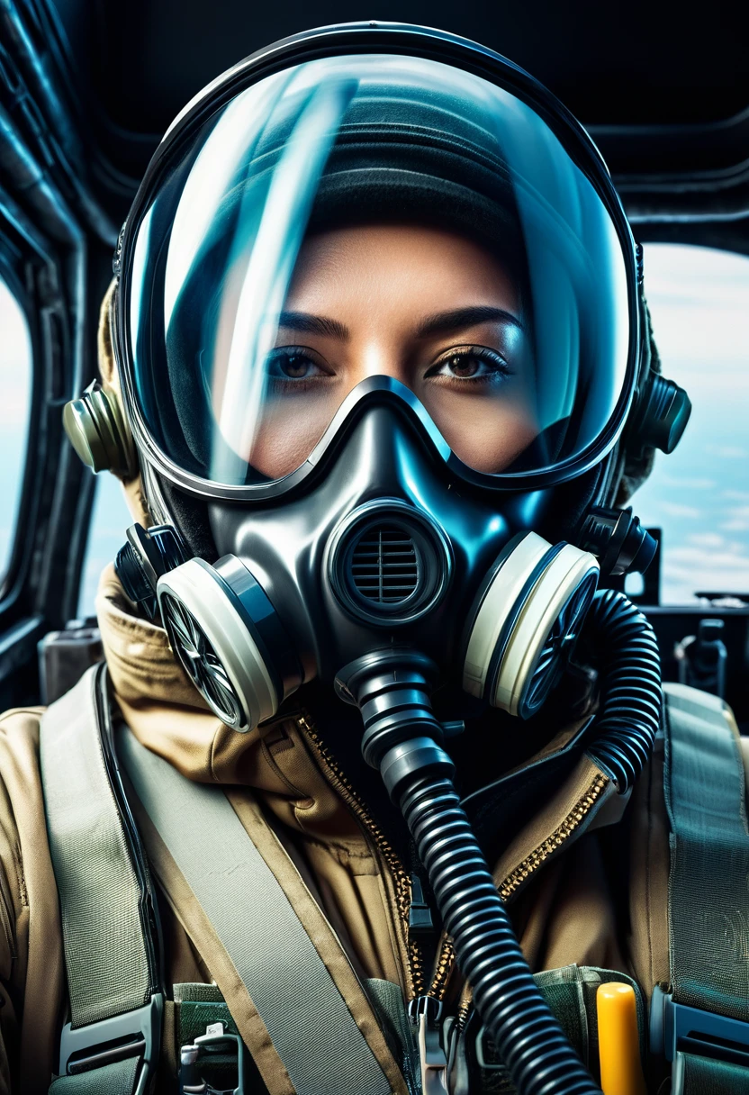 A neofuturistic| highly detailed portrait illustration of a person wearing a gas mask in the cockpit of a fighter jet| visor over the face is a perfect touch adding to the futuristic feel of the image| 4K symmetrical portrait