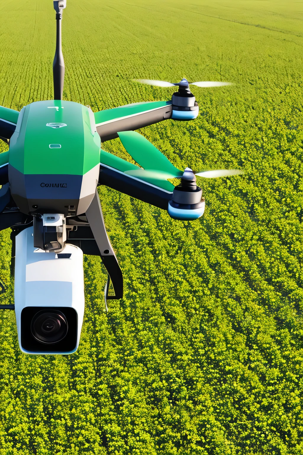 Describe an agricultural drone equipped with advanced technology to increase agricultural efficiency and productivity. The drone must have a modern and aerodynamic physical design, with strong and efficient propellers. Include key components such as multispectral and hyperspectral cameras, soil moisture sensor, and a precision spray system. Show the drone operating over a large agricultural field, with regular greenery. Under the drone, illustrate some additional features such as digital maps generated by drones, Real-time data displayed on the screen, and monitoring plant health. This image should show a drone performing precision spraying or crop monitoring against a bright, cheery backdrop.