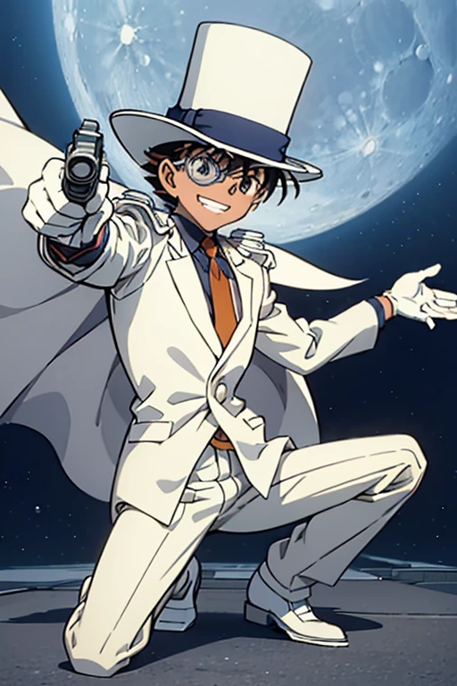 ultra detailed,(masterpiece,16K),white suit,silk hat,((1 boy)),detective conan-kaitou kid,white cape,white leather shoes,white gloves,rooftop,moon night,get on one knee,monocle,grin, Put one hand on the ground,stretch arm to the front,holding a gun