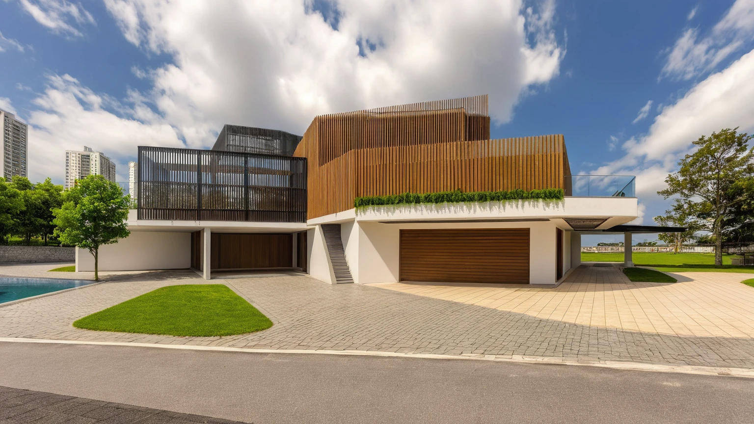 Raw photo,Masterpiece, high quality, best quality, authentic, super detail,
outdoors, house style modern,bietthuhn, white wall, glass windows, gate
road,pavement, grass, trees, sky, cloud, (day:1.1),