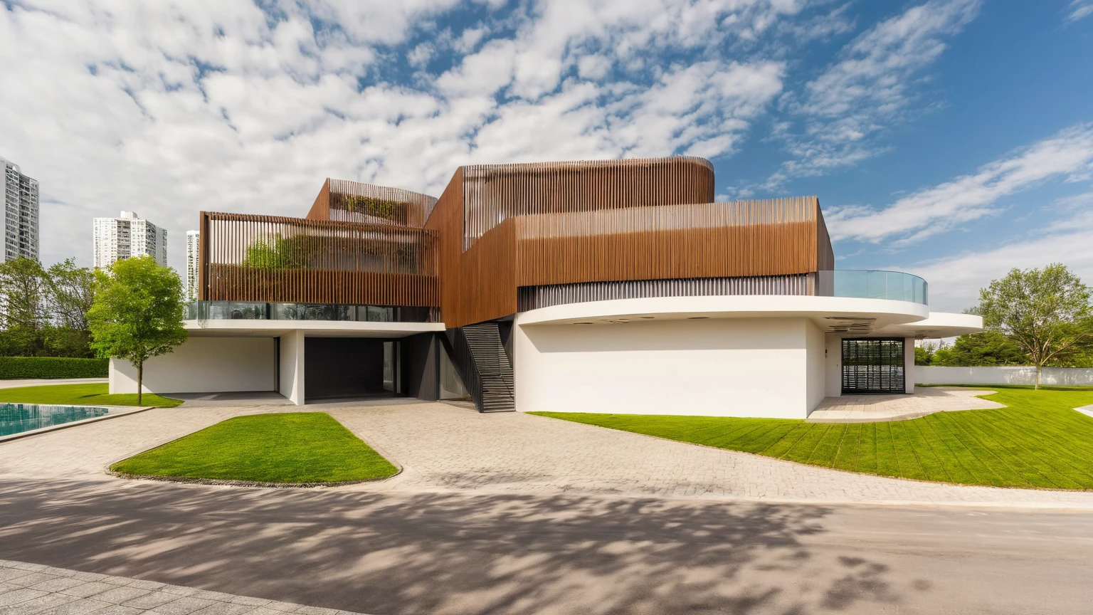 Raw photo,Masterpiece, high quality, best quality, authentic, super detail,
outdoors, house style modern,bietthuhn, white wall, glass windows, gate
road,pavement, grass, trees, sky, cloud, (day:1.1),