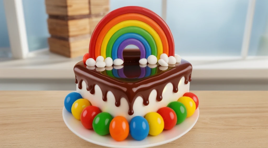 on a wooden table, on a white porcelain plate, a tiny cake, the walls of the cake are made of multi-colored chocolate bars, on top are multi-colored cream stripes, multi-colored candies in the form of balls, bright lights, soft light, window light, professional lighting, light from the window, neat light, realistic texture, realistic style, detailed texture, high quality, high resolution, high quality rendering, realistic photo, brightning light, macro photo
