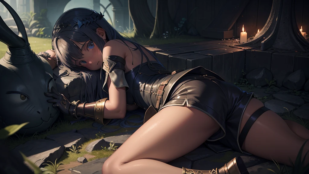 最high quality、high quality、Simple Cloth Armor、10Year-old girl adventurer、Pitch-dark underground labyrinth、No light、A slimy liquid is poured onto the body、Shorts、Equipped with a dagger and a shield