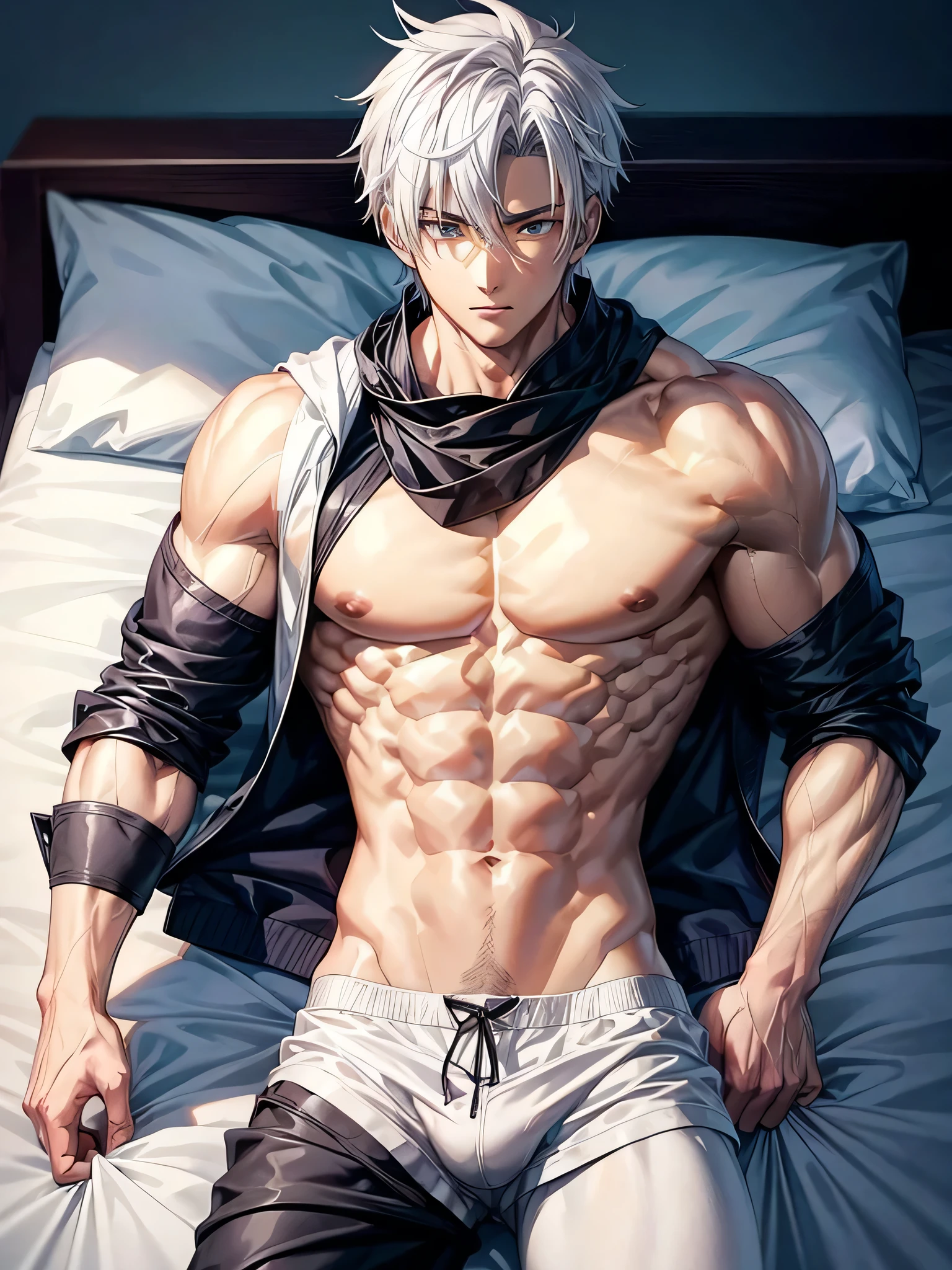 Anime guy about 16 without outerwear. Muscular with 6-pack abs and back. With white hair. Lying on the bed.