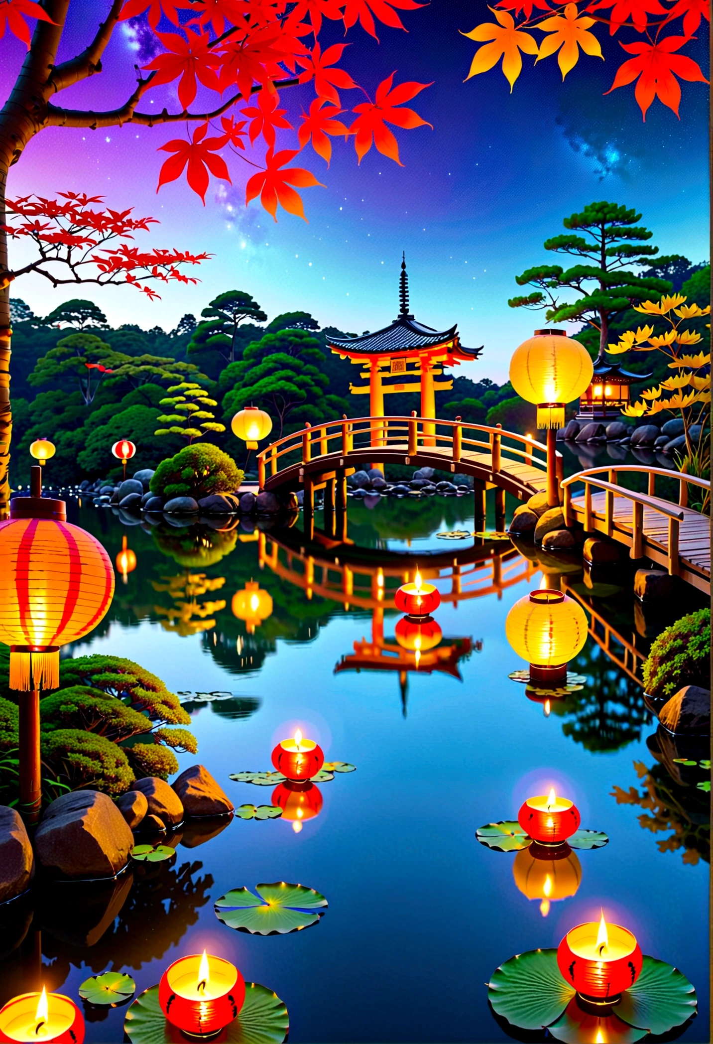 Night scene inspired by Japanese art, The garden is full of paper lanterns,There is a wooden bridge on the tranquil lake. Starry sky reflected in water, Create a magical environment. by the lakeside, There is a small Zen temple with candles lit, People come here to meditate. The leaves sway gently in the wind, Create a calm and peaceful atmosphere.